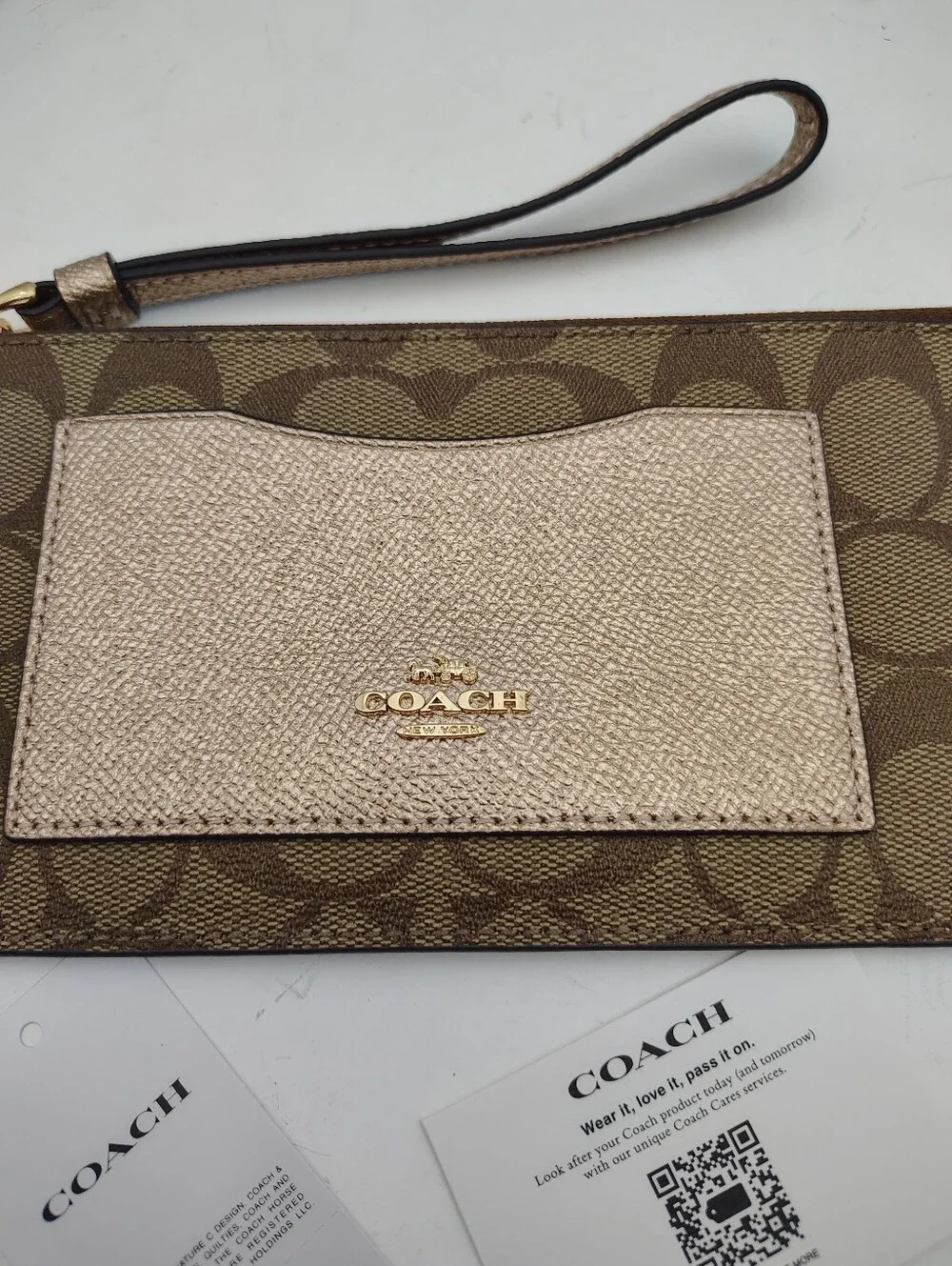 New Coach Brown Signature Wristlet with Metallic Rose Gold Card Pocket
